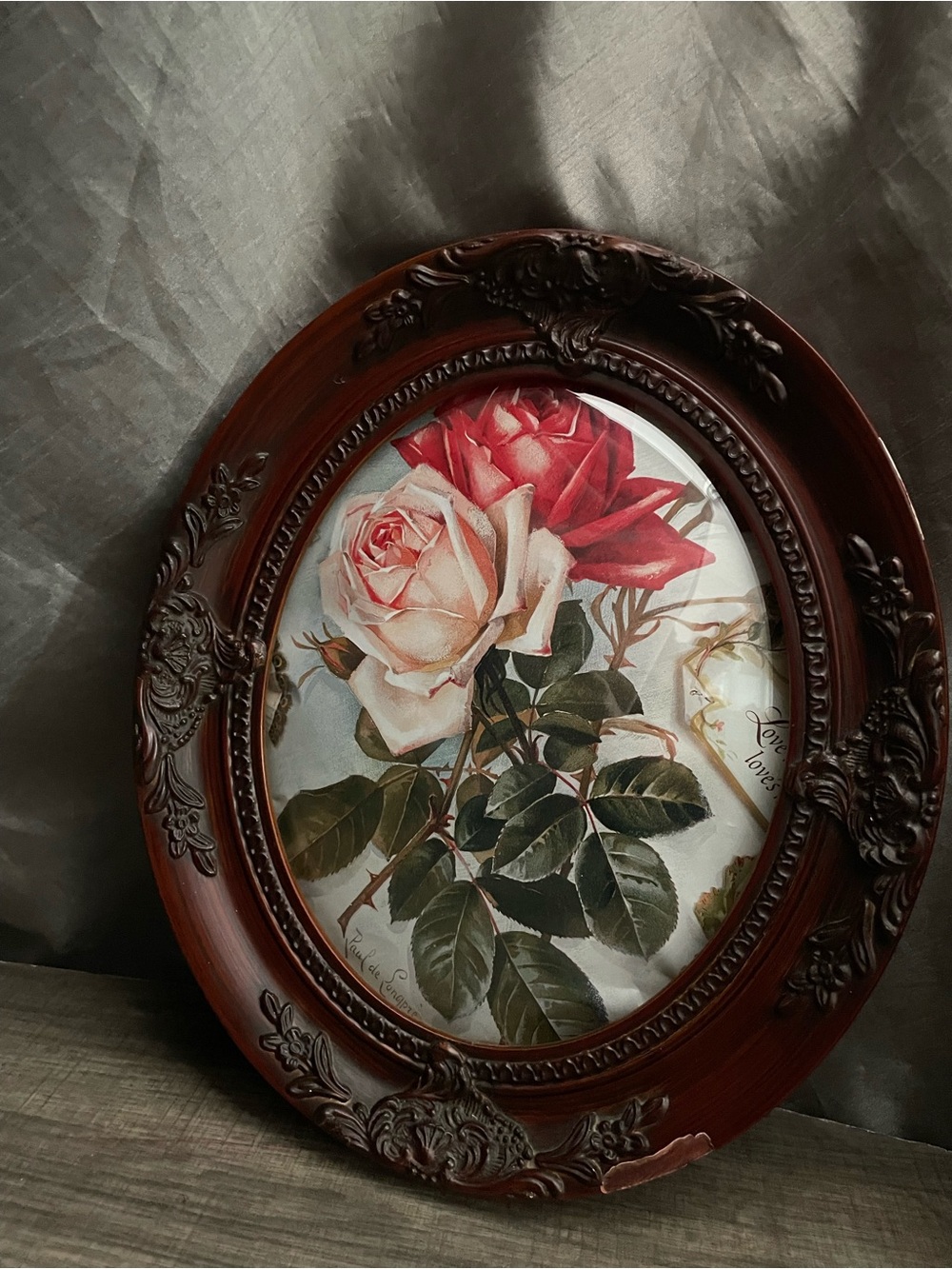 Vintage Ornate Oval Wood Frame Glass Victorian Hollywood Regency Brown 10x12”